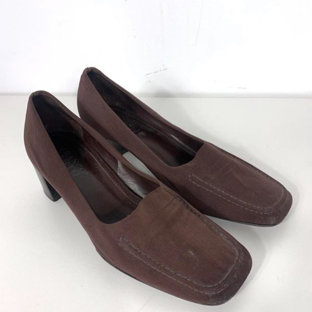 VINTAGE BROWN STRETCHY FABRIC CLASSY MOCASSIN SMALL CHUNKY HEEL